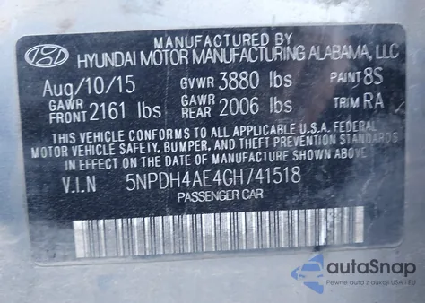 2016 Hyundai Elantra Se from USA, damaged, VIN 5NPDH4AE4GH741518